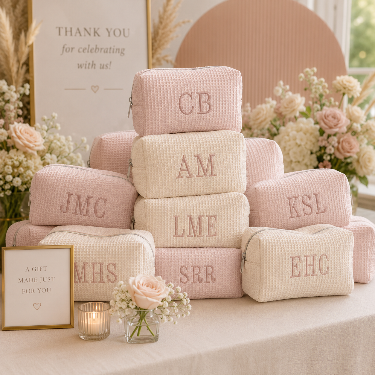 A stack of pastel pink and cream textured zippered cosmetic pouches with embroidered initials, arranged on a table with flowers, a candle, and a thank-you sign in the background.