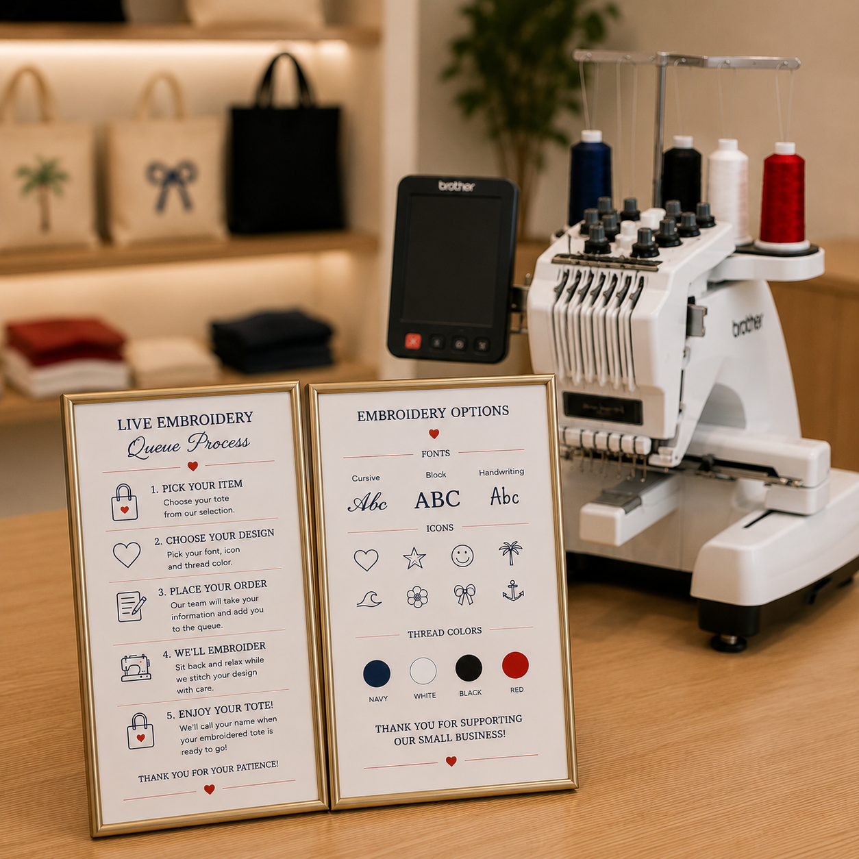 A Brother embroidery machine sits on a wooden table in a warm indoor setting, with two framed printed cards in front showing queue process and embroidery options. The cards display text and sample logo options, and the machine has thread spools in blue, black, gray, and red visible on its upper arm.